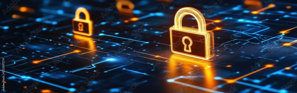 Poster a background with digital padlock icons and glowing connections, data security in cyberspace or inte