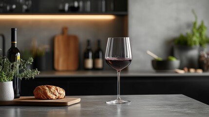 Pouring champion red wine into a crystal glass in a minimalistic kitchen setting