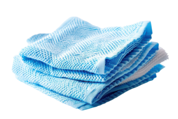 Stacked blue cleaning cloths resting on a smooth surface in a bright, well-lit kitchen during daytime, ready for household chores isolated on transparent background