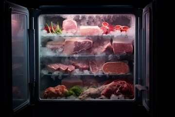 Open freezer revealing various cuts of red meat and poultry preserved on ice, ensuring freshness and longevity