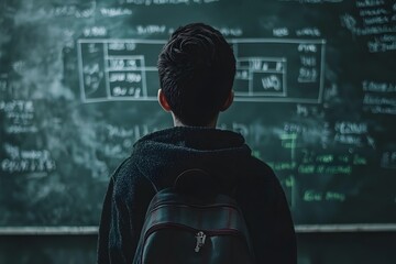 Student with Backpack Studying Complex Equations on Chalkboard Back View