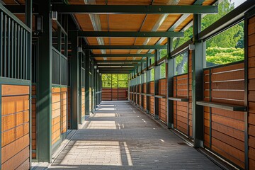 New stable with empty stalls wood and metal interior