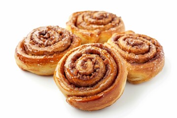 Fototapeta premium Newly made cinnamon rolls on white background top down view