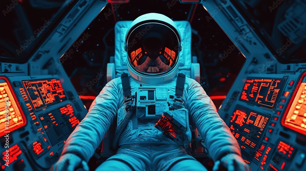 Poster Astronaut engaging with everyday objects in space futuristic environment digital art suspended perspective