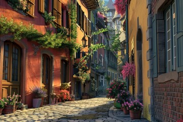 Obraz premium Enchanting Cobblestone Street Scene in a Quaint European Village with Aged Buildings and Old-World Charm