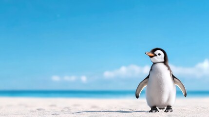 Obraz premium Cute penguin chick stands alone on a sunny sandy beach with a blue ocean and clear sky in the background.