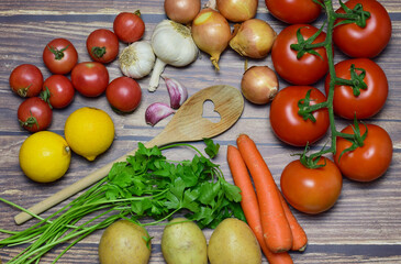 Zenith view. Background with healthy food, variety of vegetables.