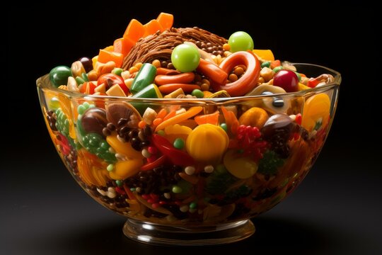 Glass bowl full of colorful mixed candy including jelly beans, gummy bears, and other sweet treats - Powered by Adobe
