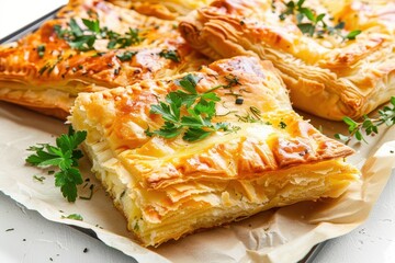 Round Borek cheese pie slices on tray with herbs in kitchen White background