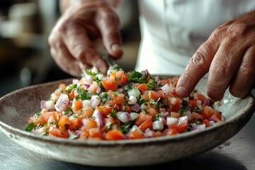 A chef delicately prepares a vibrant pico de gallo, a fresh salsa of diced tomatoes, onions, and cilantro.