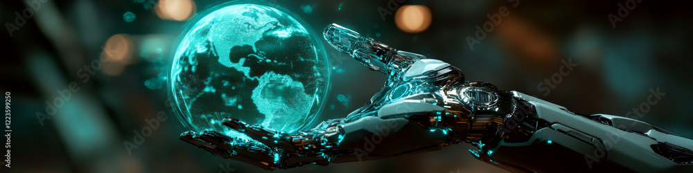 Poster a robotic hand holds a glowing digital globe in a dimly lit setting. concept of technology and innov