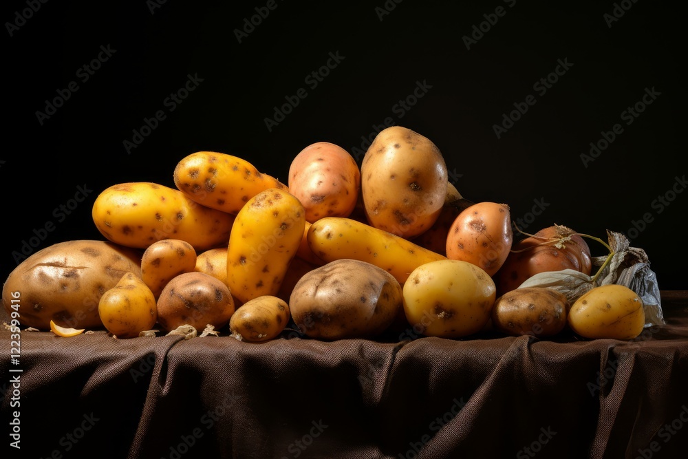 Poster various potatoes, displaying a range of colors and textures, are arranged on a brown cloth against a