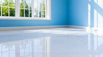 Fototapeta premium Ceramic Tile Flooring Illuminated by Sunlight in a Bright Blue Room With Large Windows and a Serene Atmosphere