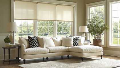 Beige motorized roller shades elegantly frame large windows, a pastel velour sofa, and serene green views of summer outside.