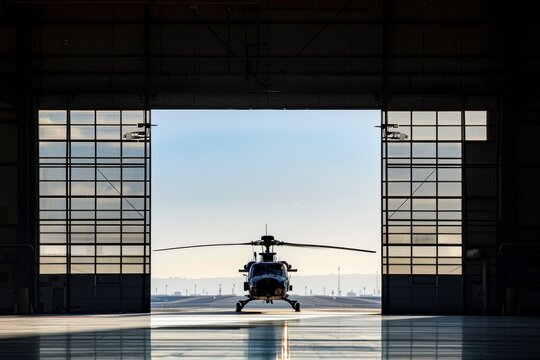 Silhouette of helicopter near runway with clear sky behind