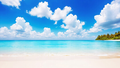 Fototapeta premium Serene Beach Landscape with Clear Blue Sky and Gentle Waves