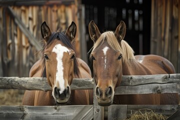 Obraz premium Two horses inside fenced barnyard