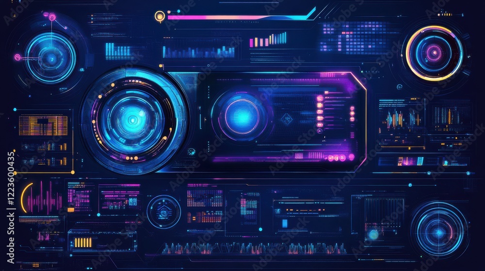 Poster futuristic digital interface with neon elements and data visualizations