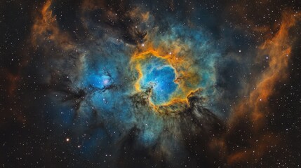 Fototapeta premium Vibrant blue and orange emission nebula in the starry cosmos