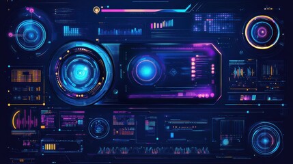 Fototapeta premium Futuristic digital interface with neon elements and data visualizations