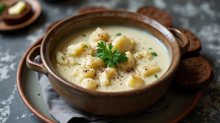 Deliciously creamy plokkfiskur served in a rustic bowl