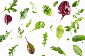Various green salad leaves on white background Mix of arugula lettuce chard spinach and beet leaves