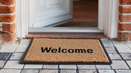 welcome doormat placed in front of an open door on a brick porch inviting guests into a warm home with a cozy and friendly atmosphere
