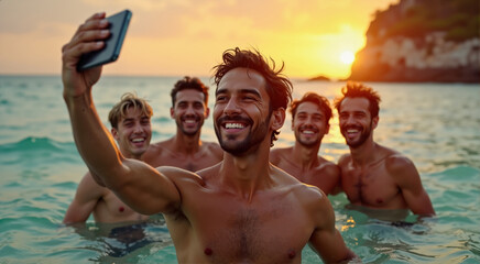 Group of happy friends taking selfie in the sea at sunset. Handsome men enjoying summer holidays at the beach.