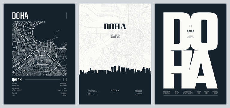 Set of travel posters with Doha, detailed urban street plan city map, Silhouette city skyline, vector artwork, set 2