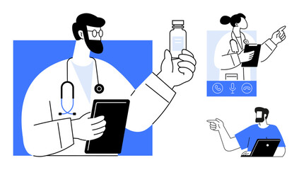 Doctors with stethoscopes, tablets, and a medicine bottle engage in virtual consultations. Ideal for telemedicine, digital health, remote care, virtual collaboration, medical technology, online