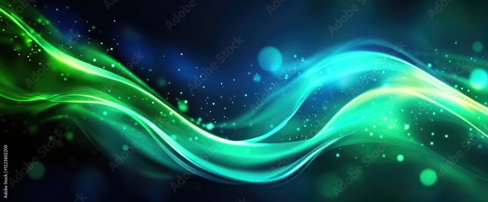 Poster abstract flowing waves of green and blue light create a vibrant background with soft bokeh effects