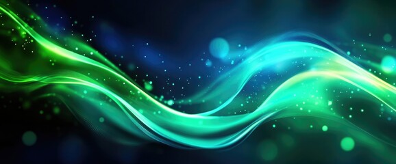 Abstract flowing waves of green and blue light create a vibrant background with soft bokeh effects