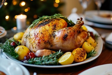 Holiday roasted turkey garnished with herbs and citrus fruits
