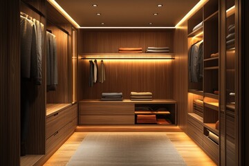 Design concept for a minimalist apartment with warm wood accents, recessed lighting, and hidden storage, ensuring a clean and harmonious living space.