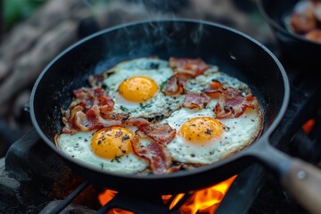 Cooking crispy bacon and eggs over an outdoor fire in a skillet