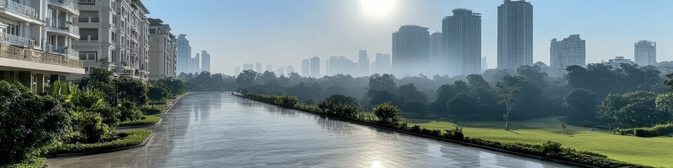 Stunning Urban Skyline View at Sunrise with Reflective River and Lush Greenery in Modern Cityscape - Ideal for Real Estate, Travel, and Architecture Enthusiasts