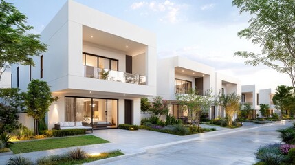 Modern suburban homes, evening light, landscaped street, new housing development, real estate marketing