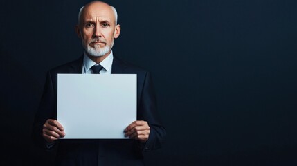Serious Businessman Holding Blank White Sign in Dark Studio Background, Judge Holding Documents in court concept.