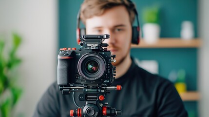 Professional Photographer Setting Up Camera for Creative Shoot, Digital equipment enhances blog concept.