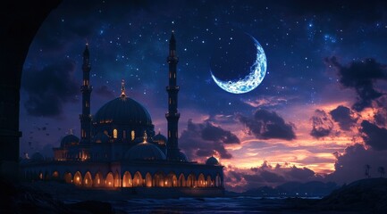 Obraz premium Majestic Mosque Under a Crescent Moon and Starry Night