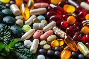 Diverse assortment of vitamins and supplements on wooden surface