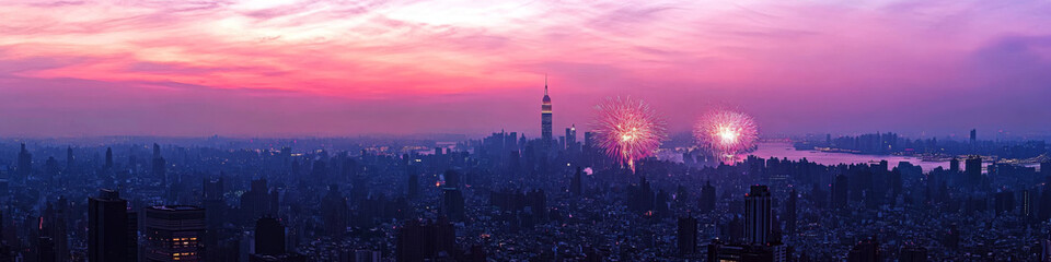 Fototapeta premium Cityscape silhouette at dusk with fireworks illuminating skyscrapers and vibrant sky. Concept of urban celebration and evening skyline. For travel photo.
