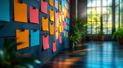 Naklejka premium Colorful Sticky Notes on Dark Wall in Modern Office with Sunligh