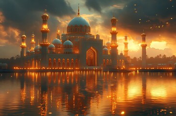 Fototapeta premium Opulent Illuminated Palace by Reflective Water Surface at Dusk with a Warm, Golden Sky