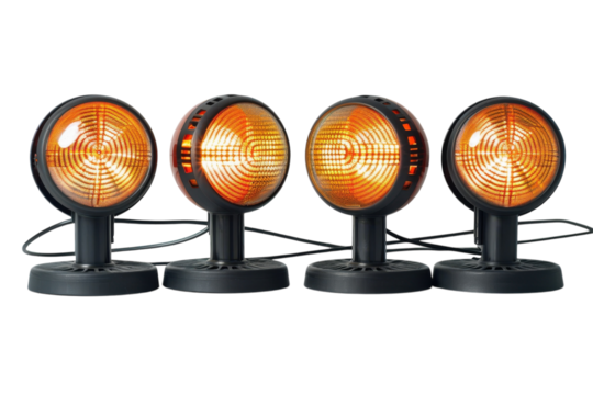 Warm glow of circular lights arranged in a row, casting soft rays in a simple indoor setting isolated on transparent background