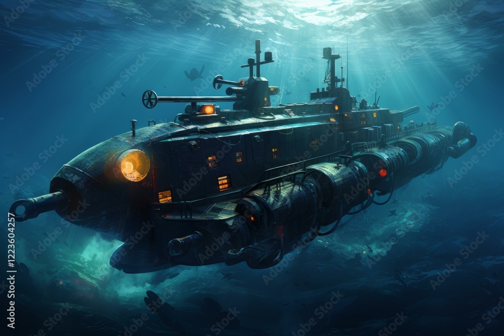Poster steampunk submarine navigating through a dark, mysterious ocean, encountering unknown creatures and 