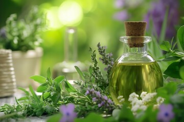 Herbal oils and fresh herbs in a sunny garden setting