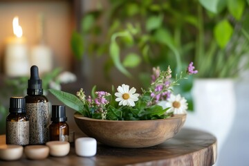 Herbal remedies and essential oils on a wooden table in spring