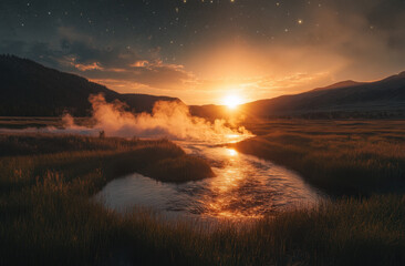 Stunning sunset over the Yellowstone River showcasing dramatic colors and mist in the backdrop of serene wilderness