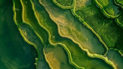 Obraz premium Aerial View of Terraced Rice Fields - Captivating Agricultural Landscape with Tiered Rice Paddies and Lush Greenery